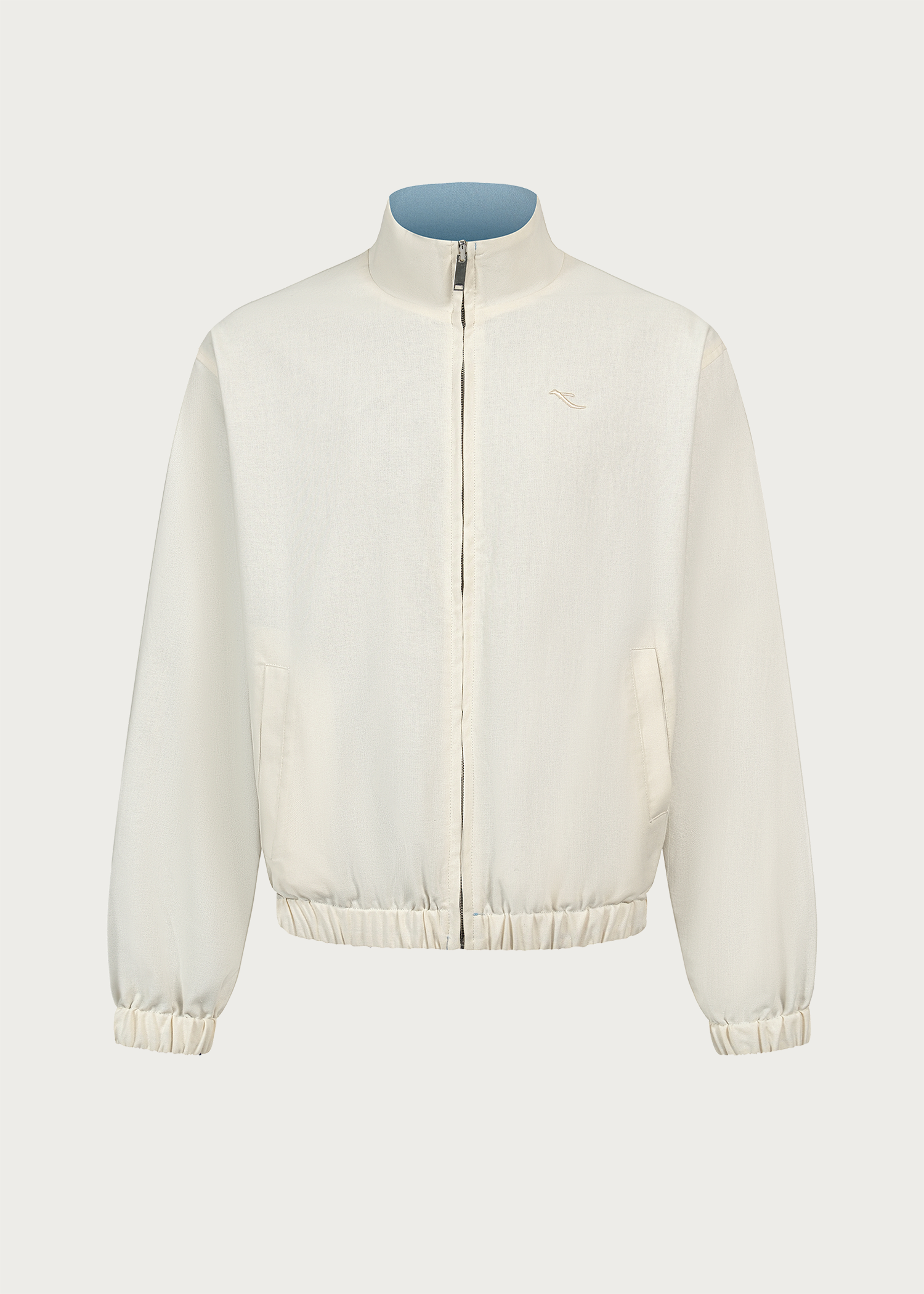 Khaki/Blue Reversible Color-block Linen-Blend High-Neck Jacket