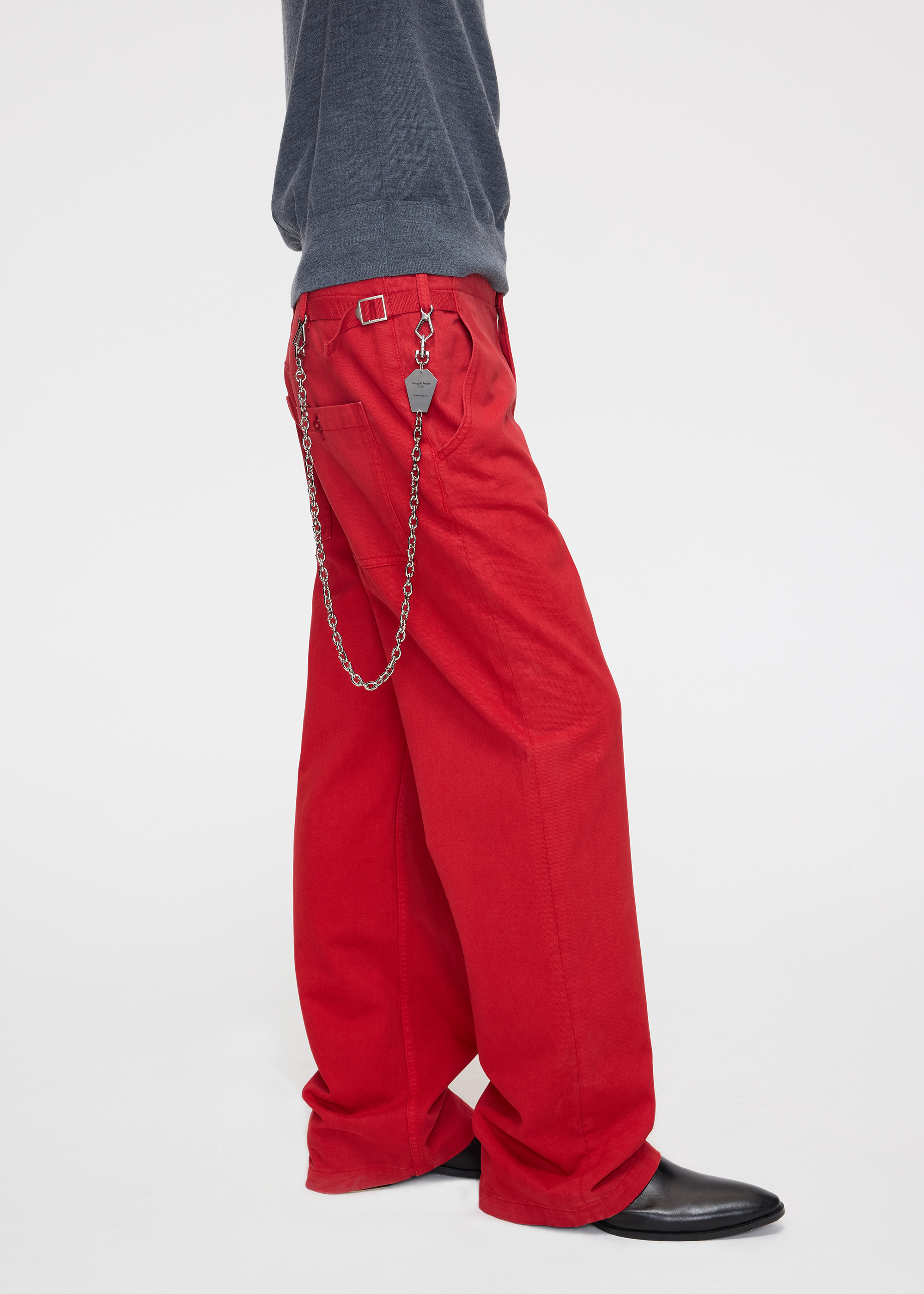 Matte-finish soft-touch straight-leg washed denim utility pants Red