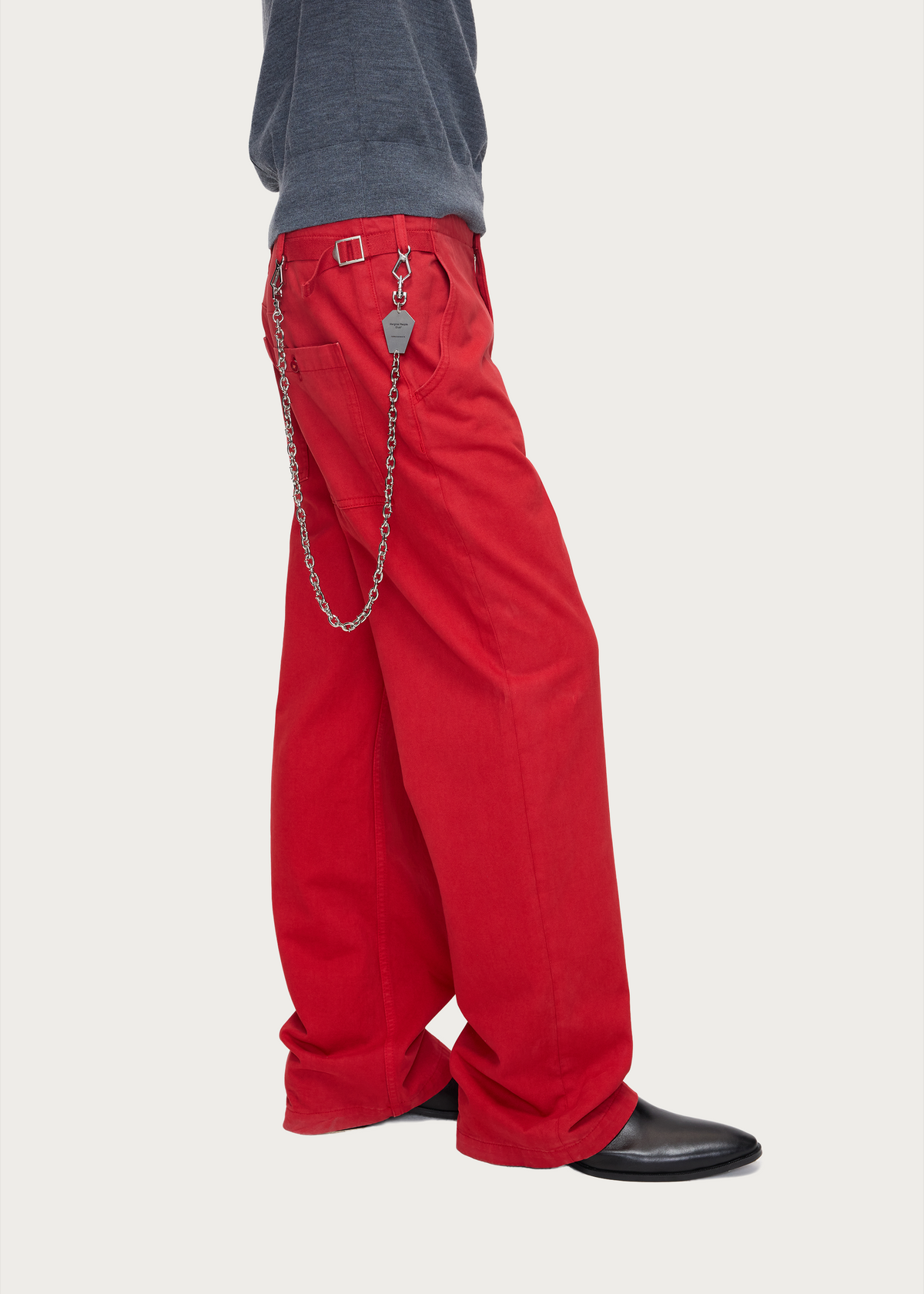 Matte-finish soft-touch straight-leg washed denim utility pants Red