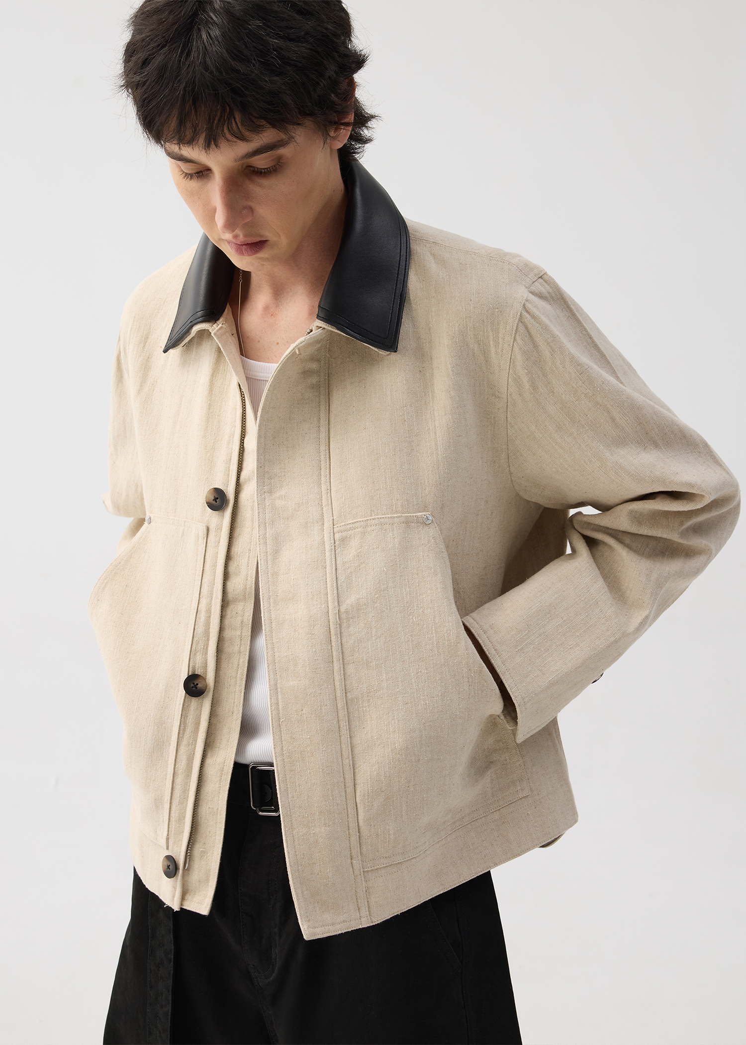 Linen Jacket with Spliced Leather Collar