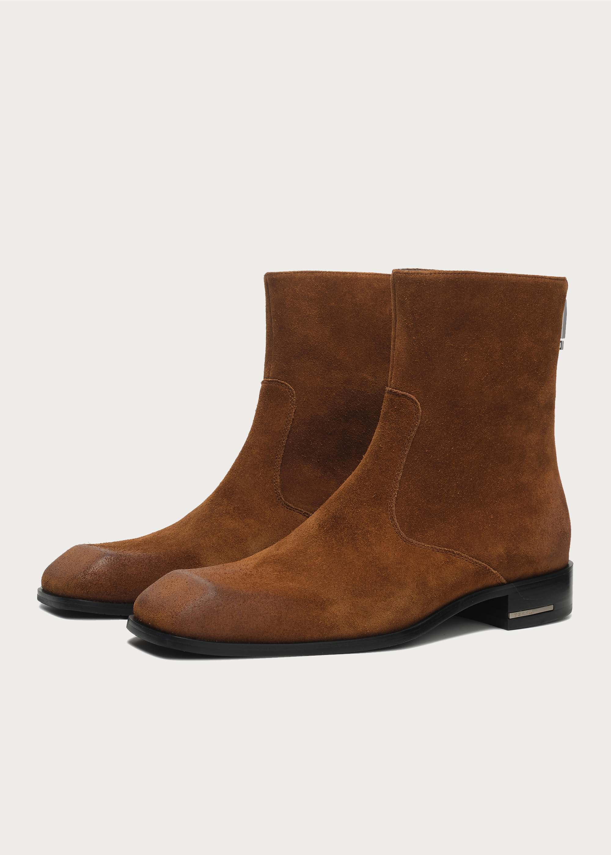 Beveled Square-toe Cowhide Ankle boots Brown