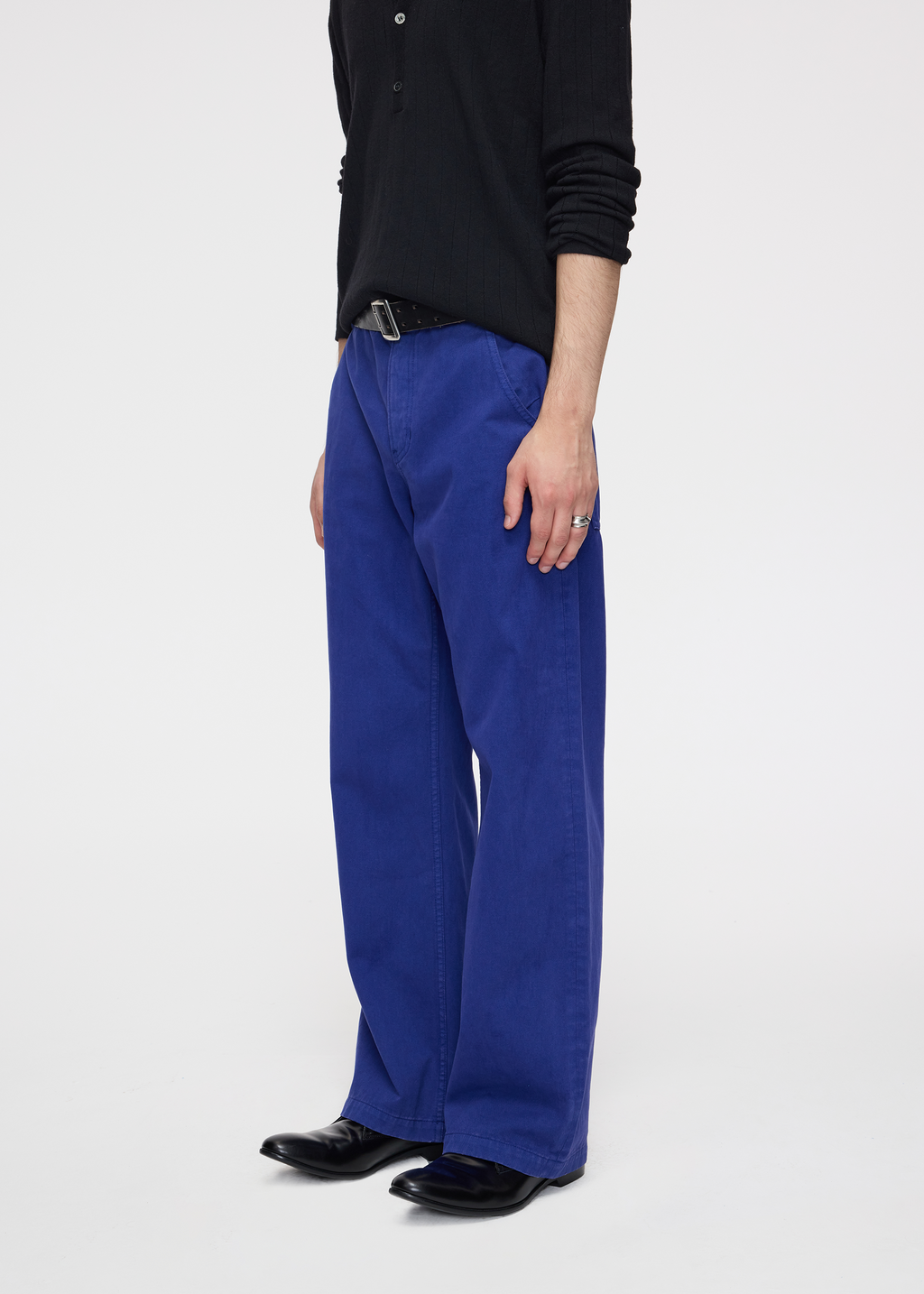 Matte-finish soft-touch straight-leg washed denim utility pants Blue