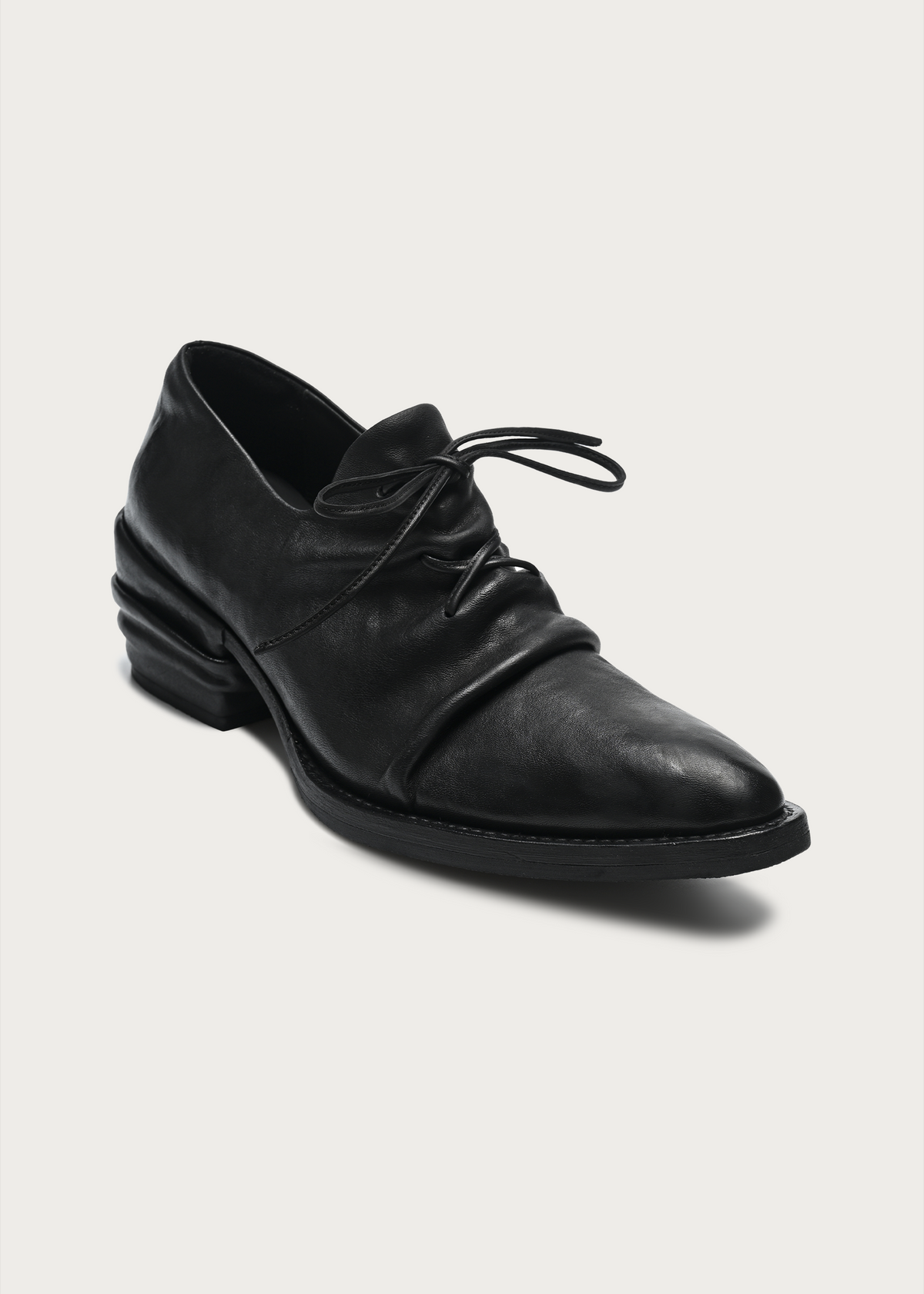 Roux Ruched Distressed Leather Derby Shoes Black
