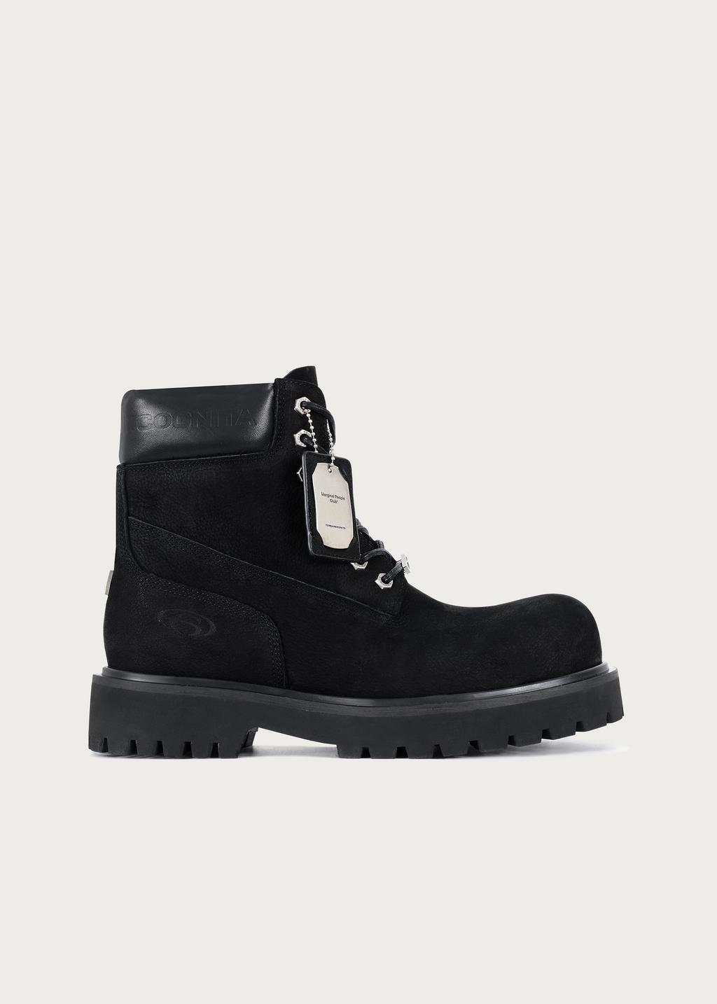 Black cowhide workwear boots texture detail