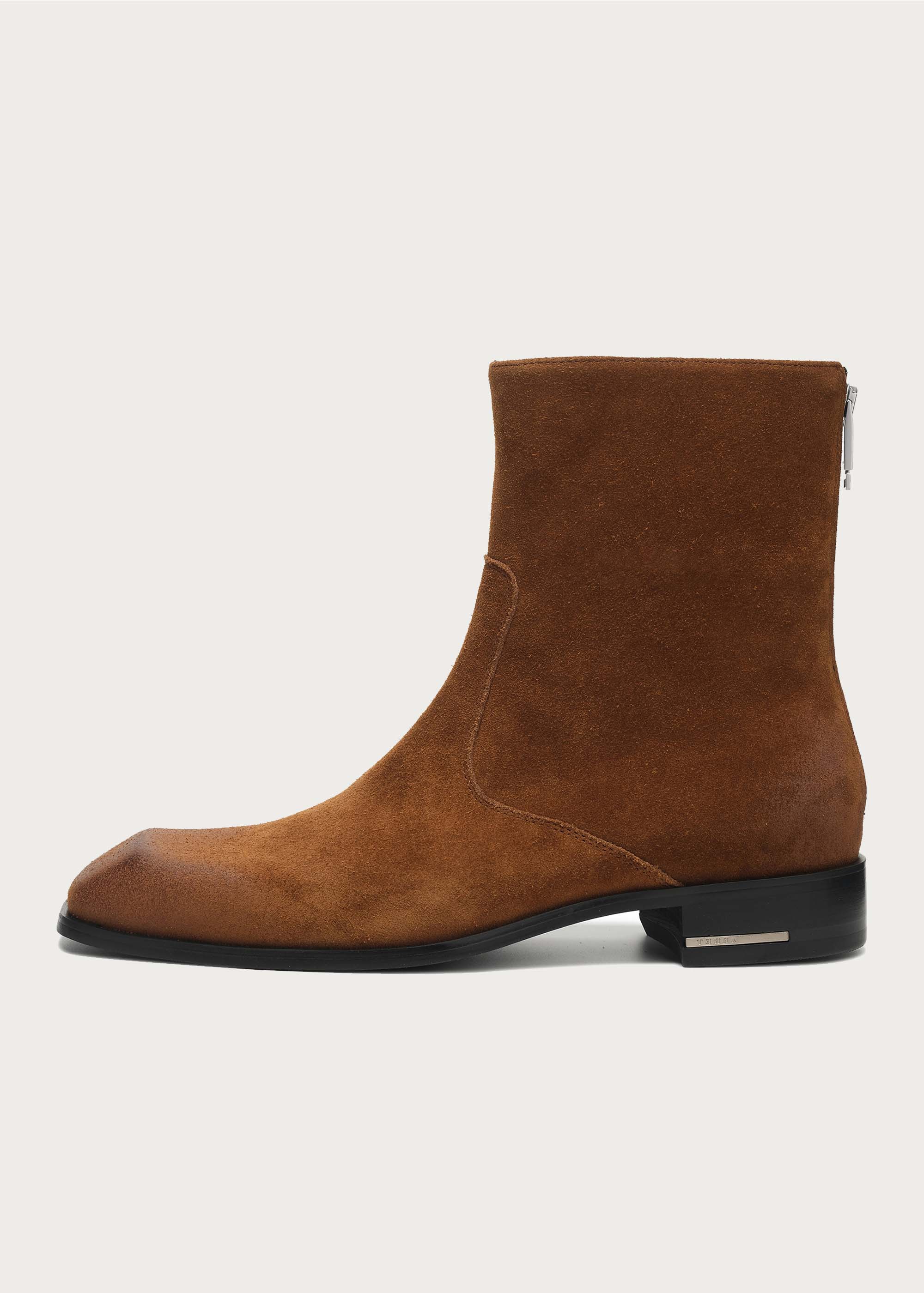 Beveled Square-toe Cowhide Ankle boots Brown