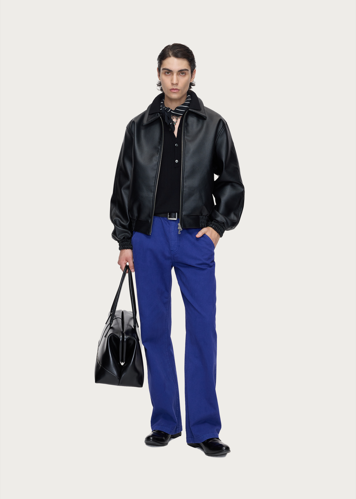 Matte-finish soft-touch straight-leg washed denim utility pants Blue