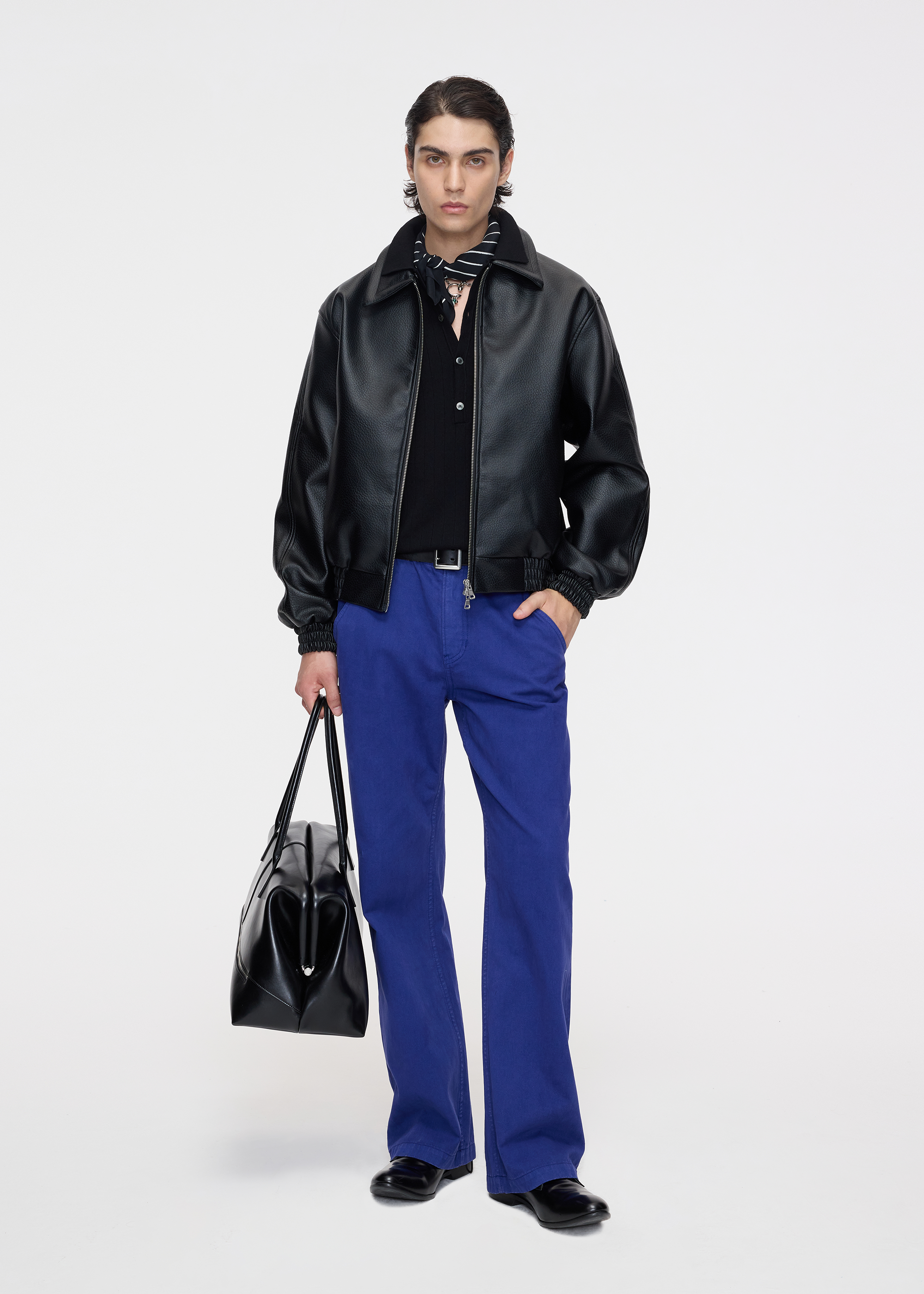 Matte-finish soft-touch straight-leg washed denim utility pants Blue