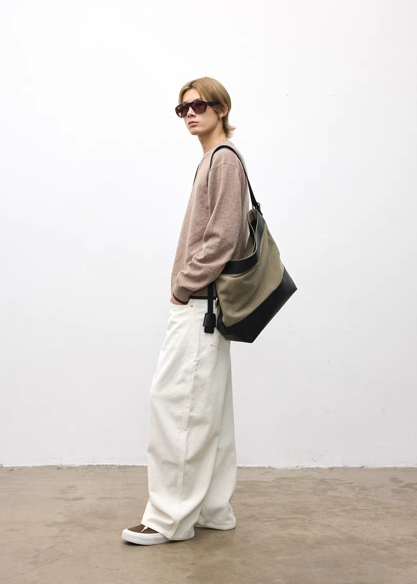 Tote bag Microfiber-leather Patchwork Washed distressed canvas Mossgreen