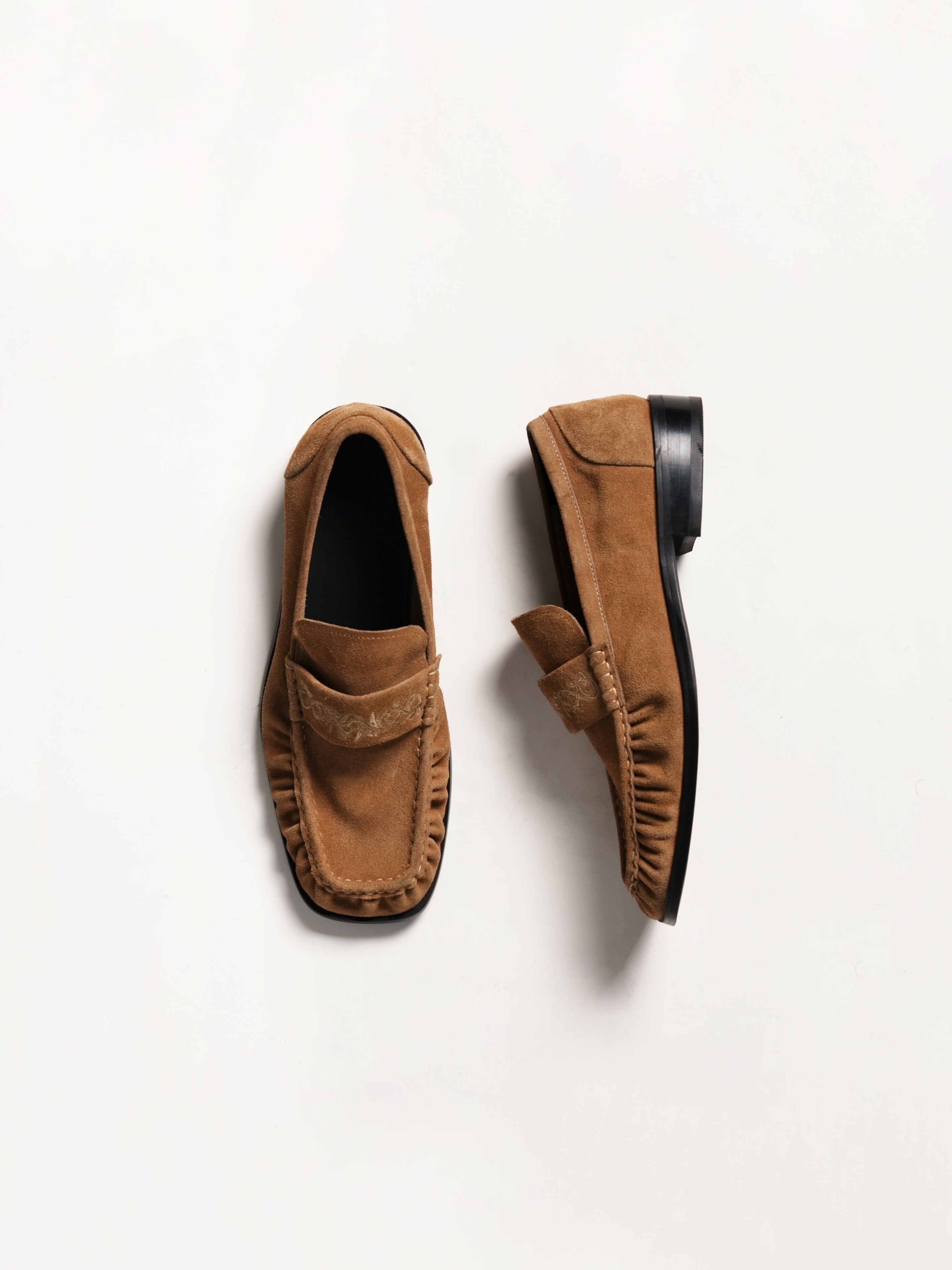 Vine Square-Toe Engraved Leather Loafers Khaki Brown