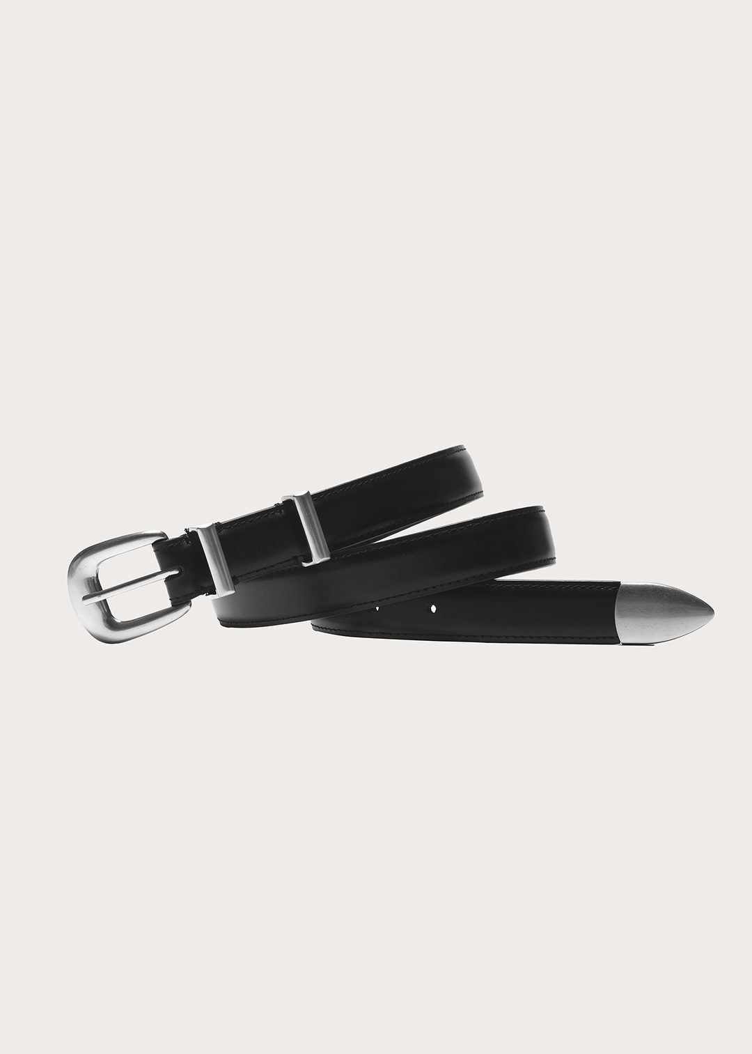 TERRA Top-grain Cowhide with Silver Buckle Narrow Belt Black