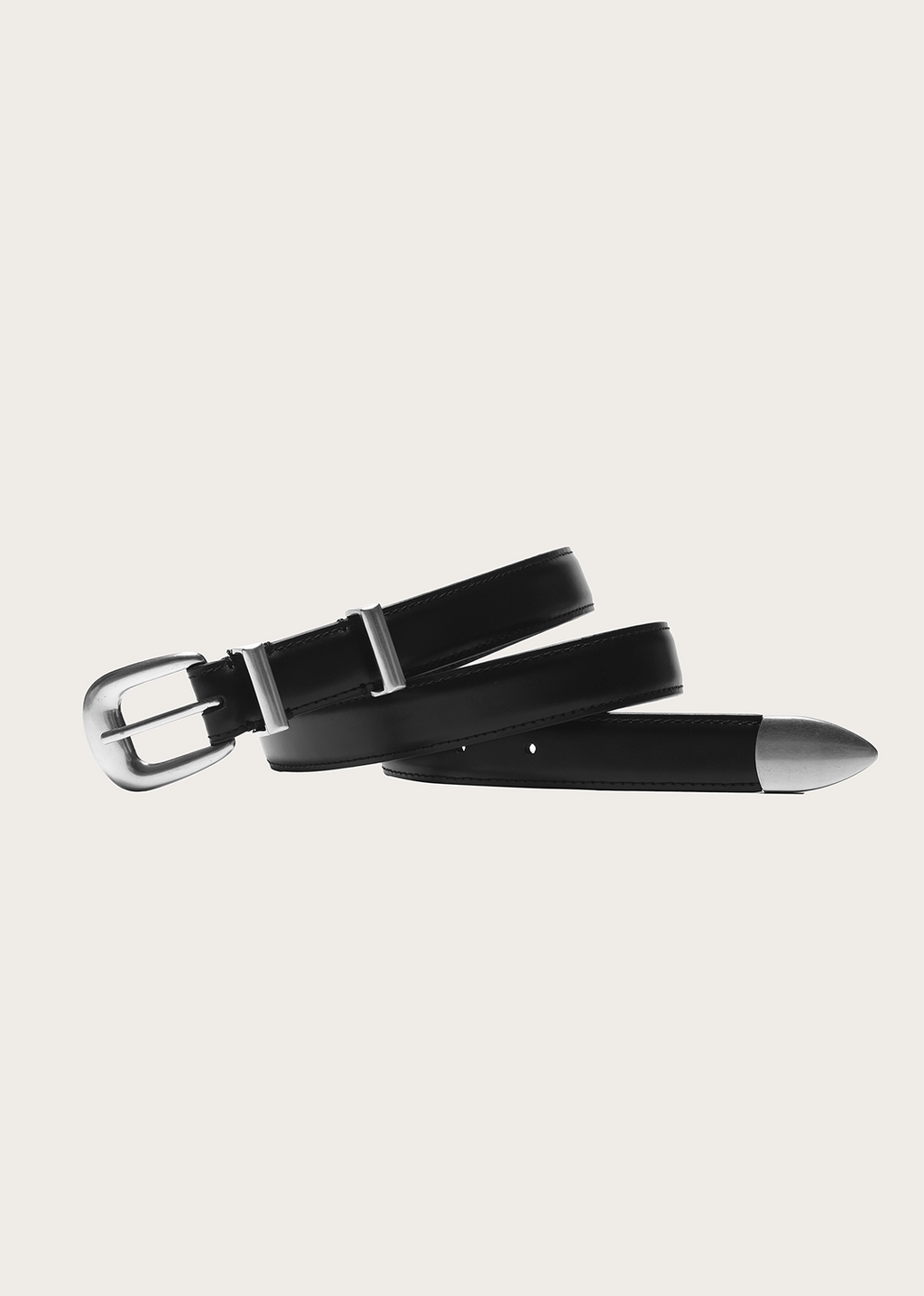 Top-Grain Cowhide Narrow Belt with Silver Buckle Black