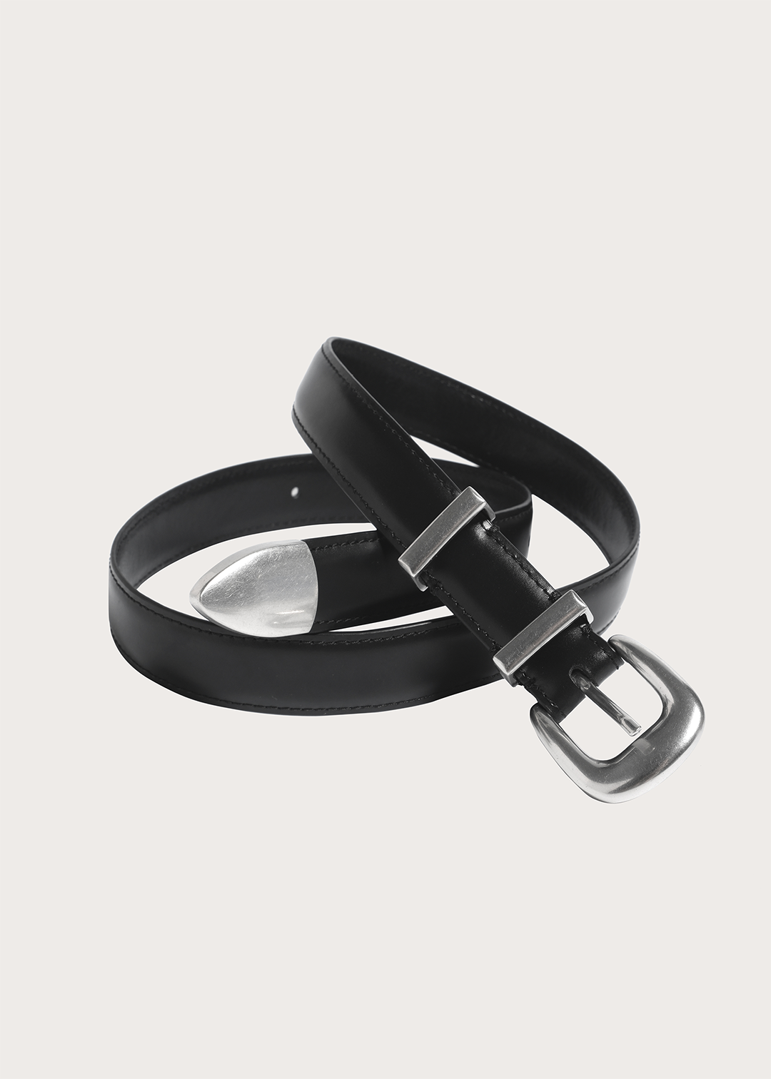 TERRA Top-grain Cowhide with Silver Buckle Narrow Belt Black