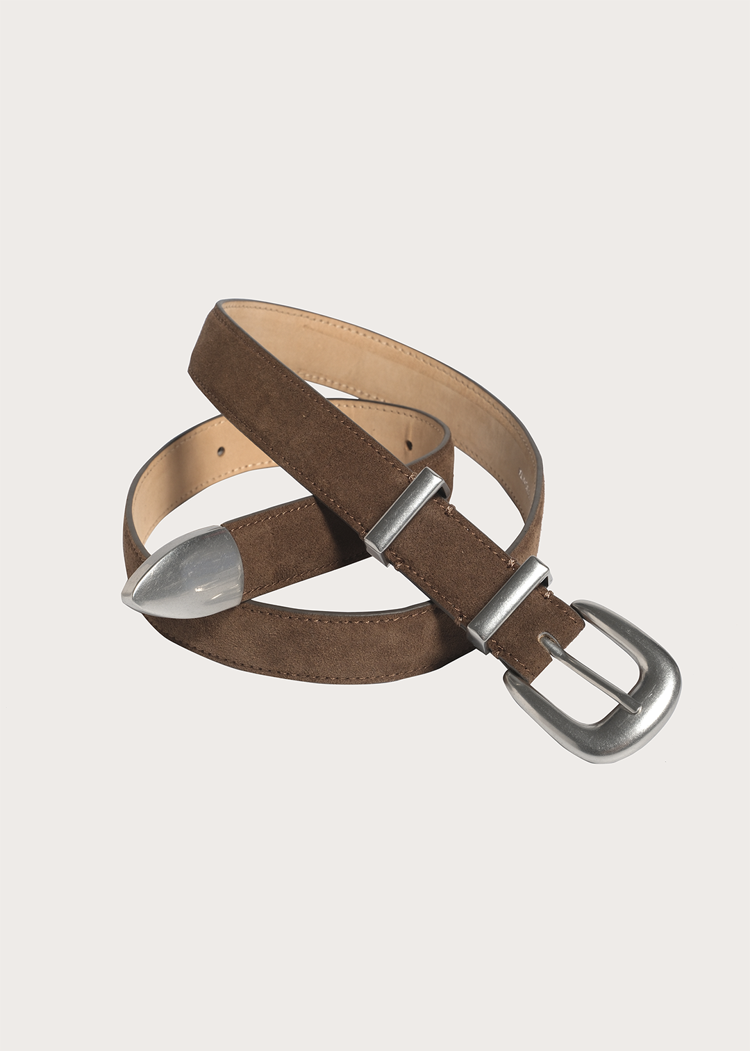 TERRA Top-grain Cowhide with Silver Buckle Narrow Belt Brown