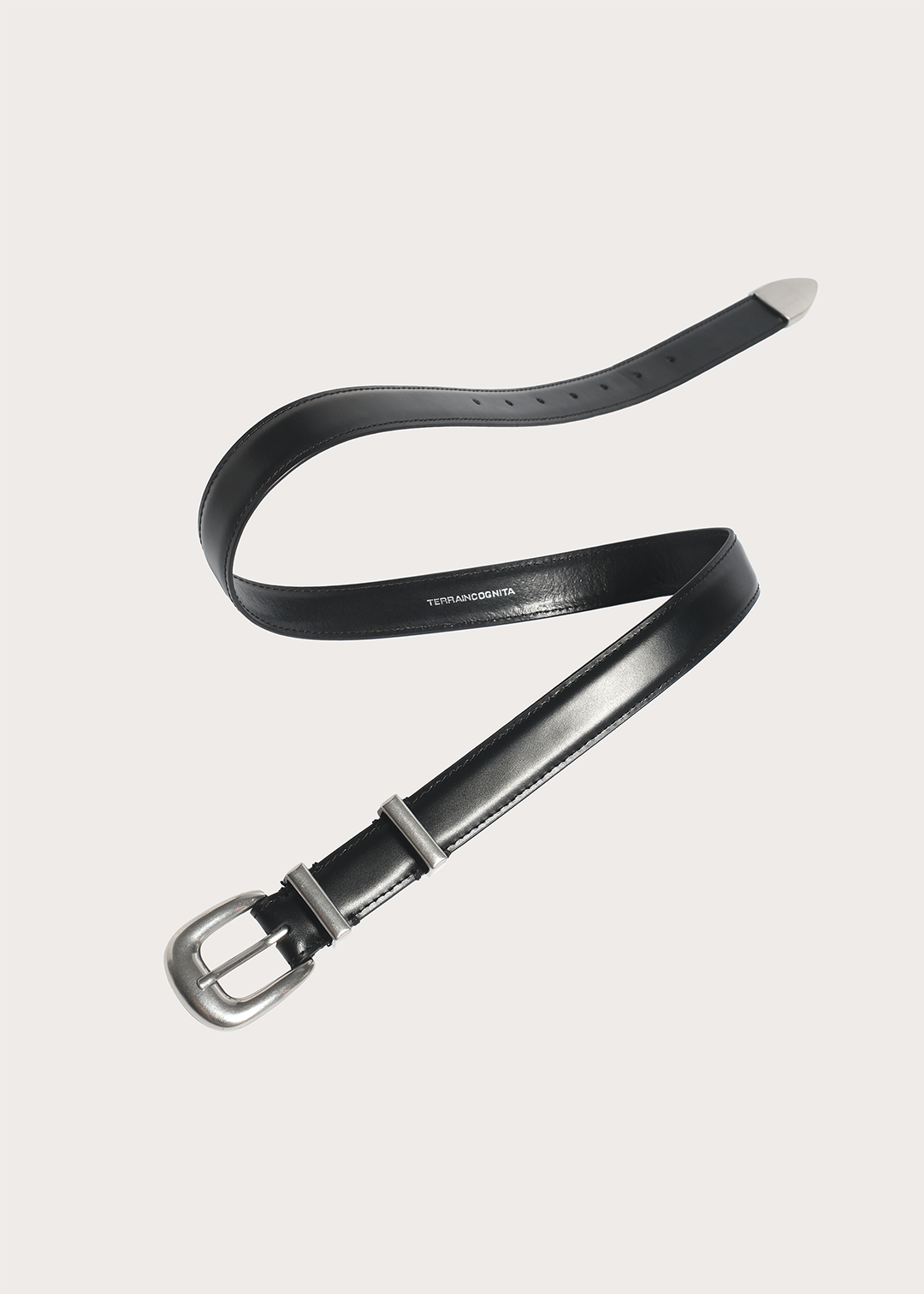 TERRA Top-grain Cowhide with Silver Buckle Narrow Belt Black