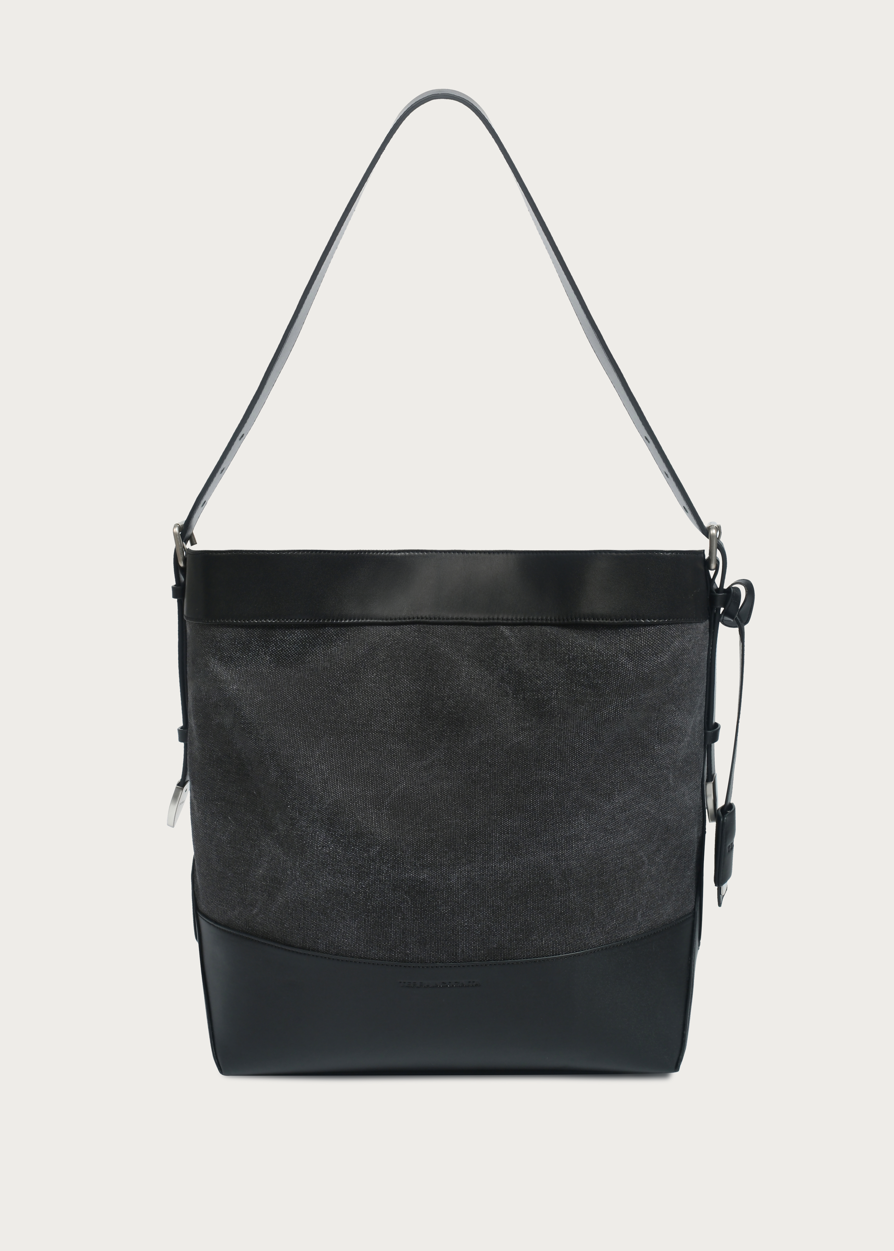 Tote bag Microfiber-leather Patchwork Washed distressed canvas Carbon black